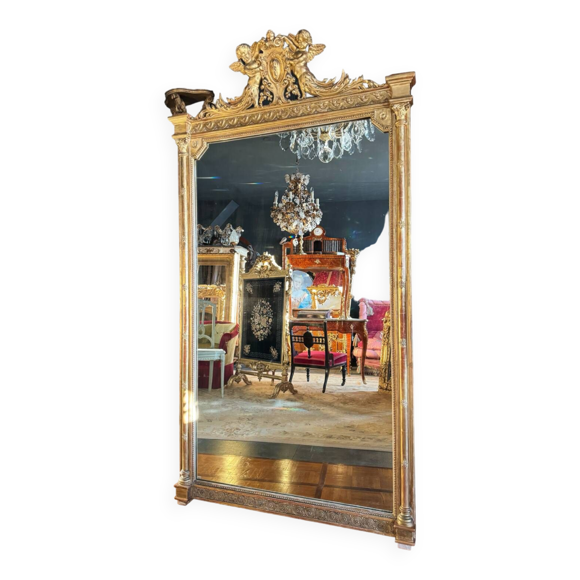 Napoleon iii period fireplace mirror in golden wood with putti decor - 19th century