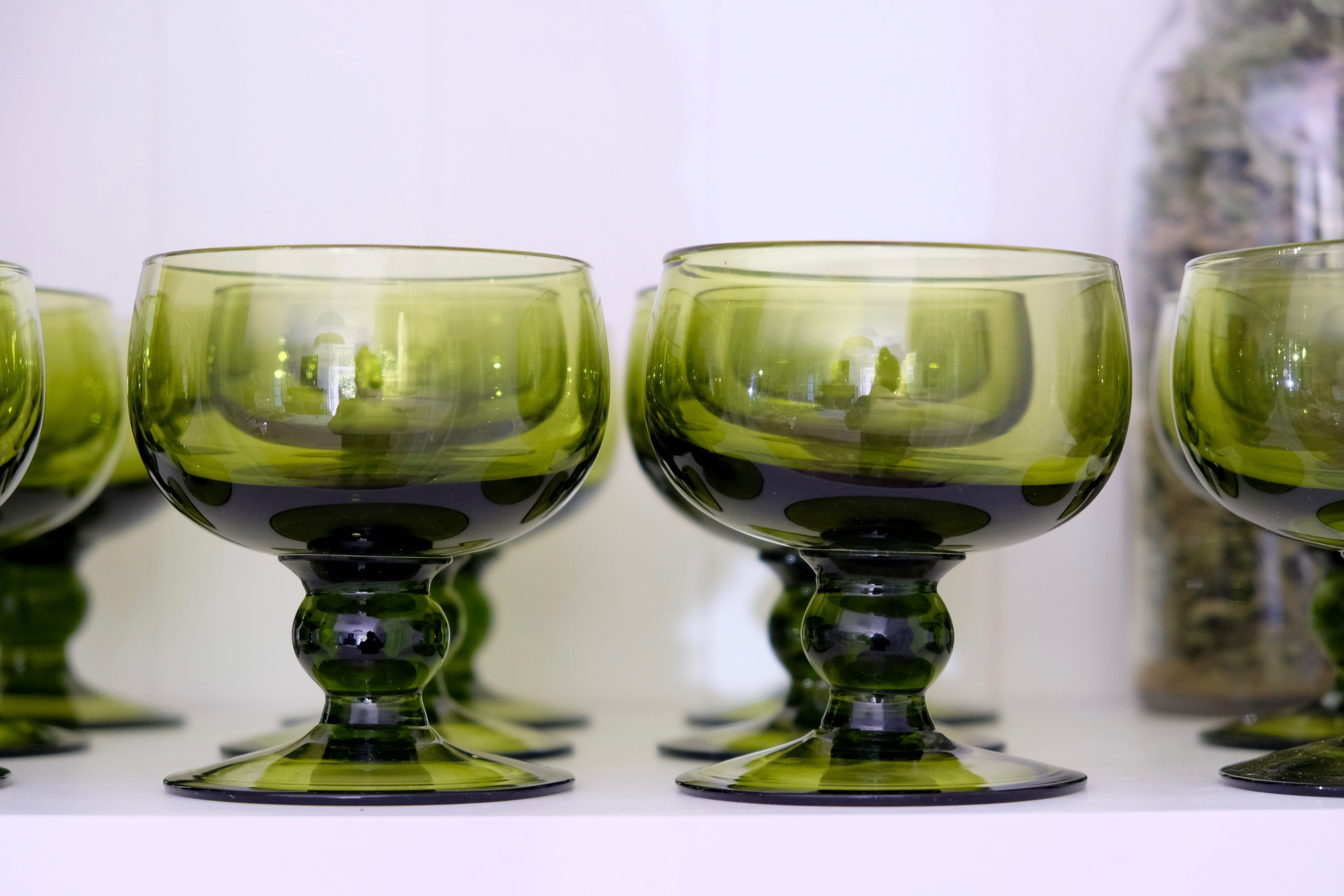 Set of 12 olive green wine glasses, mouth soufflé from the 50s