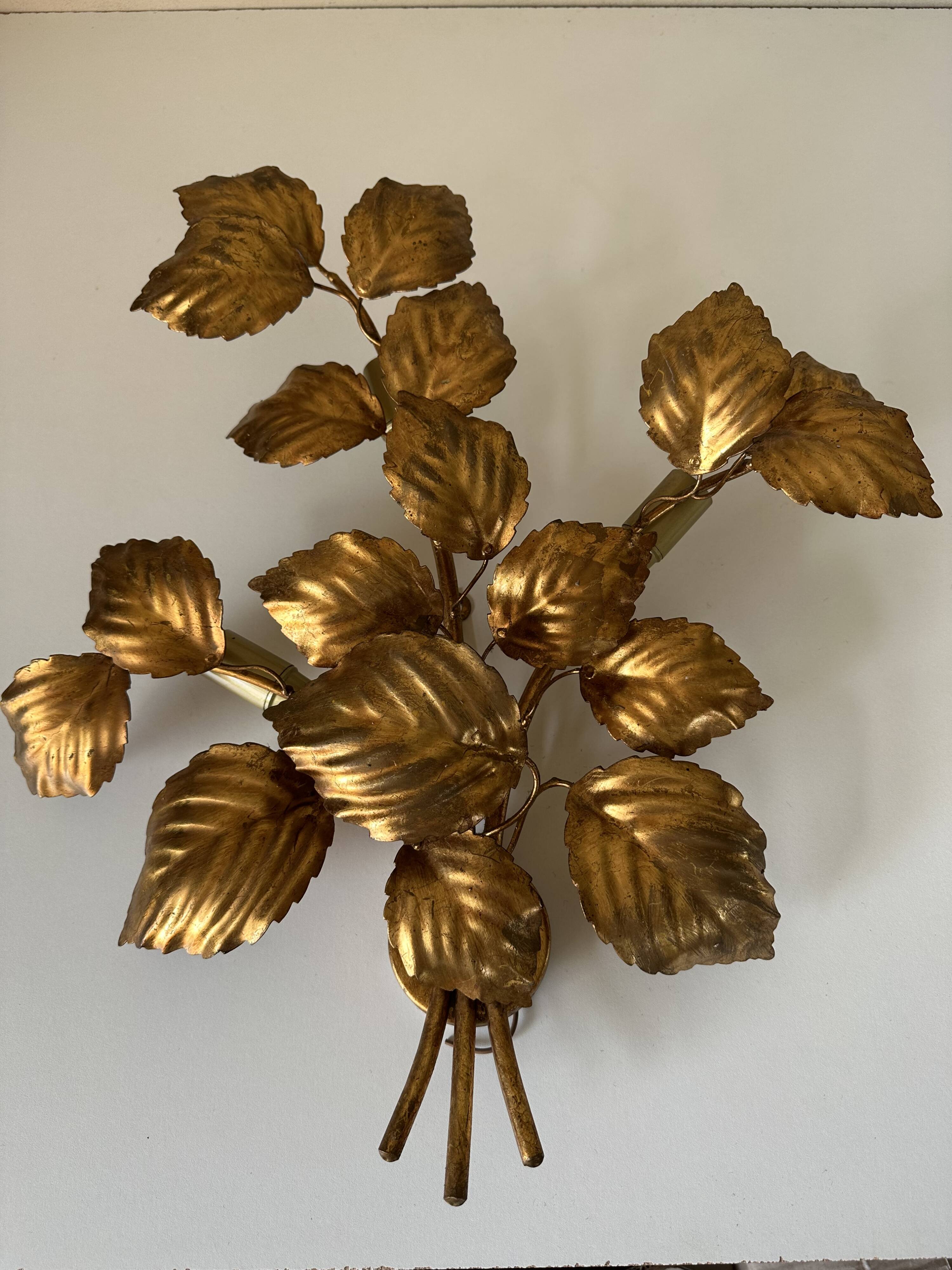 Large golden leaf wall lamp vintage design 70s