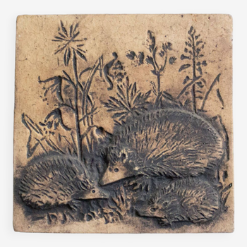 Mid Century ceramic wall hanging plaque hedgehogs