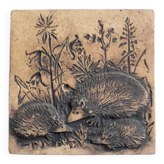 Mid Century ceramic wall hanging plaque hedgehogs