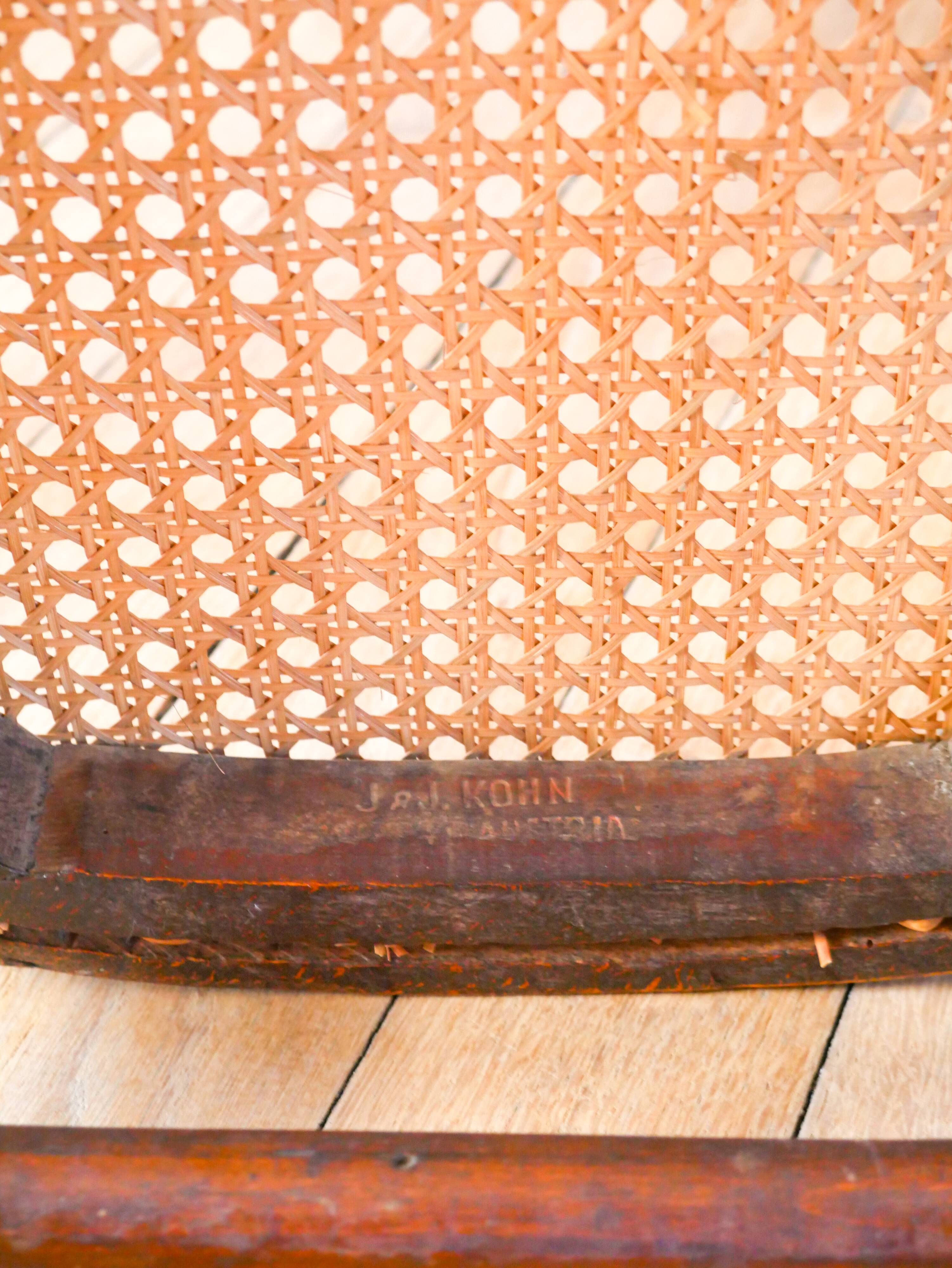 Set of 3 bistro chairs in wood and canework signed J. Kohn, Made in Austria, 20th century