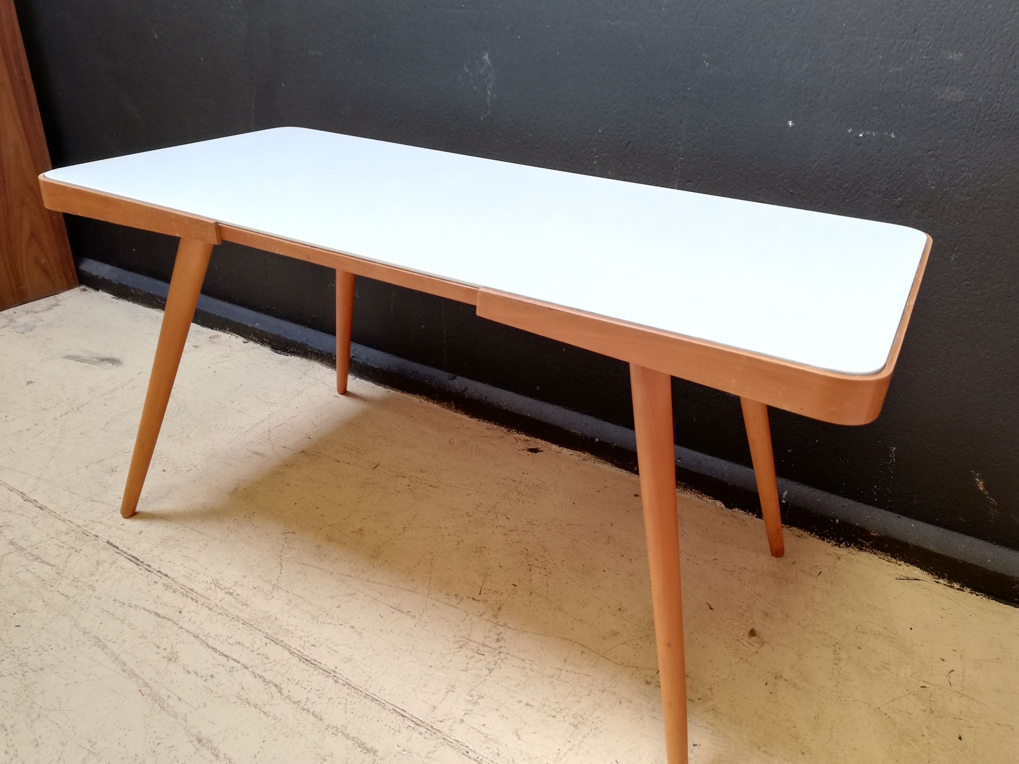 Wooden coffee table, children's desk glass top, interier praha, 1960, Czechoslovakia