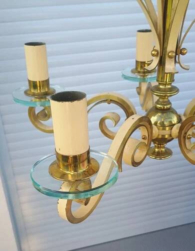 Luminaire Art déco Magnifique Lustre 5 feux disques verre DLG SUBES ADNET LELEU
