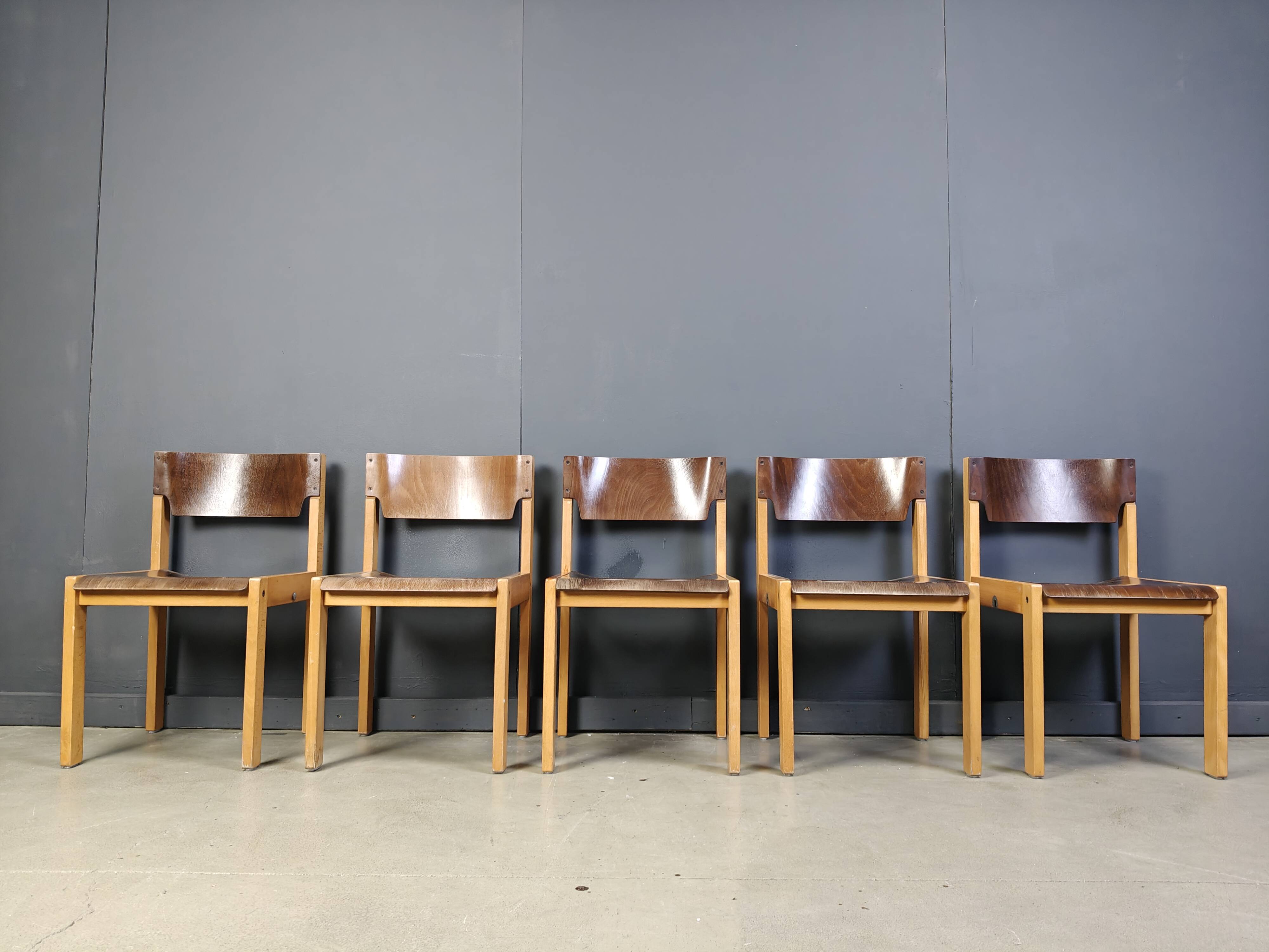 Mid-Century Brown and Birch Stacking Chairs set of 5