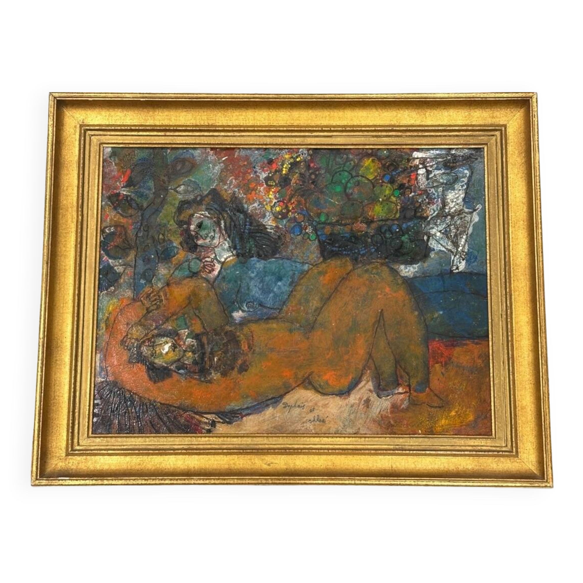 Mixed technique painting by Théo TOBIASSE (1927-2012) titled Daphnis and Chloé.