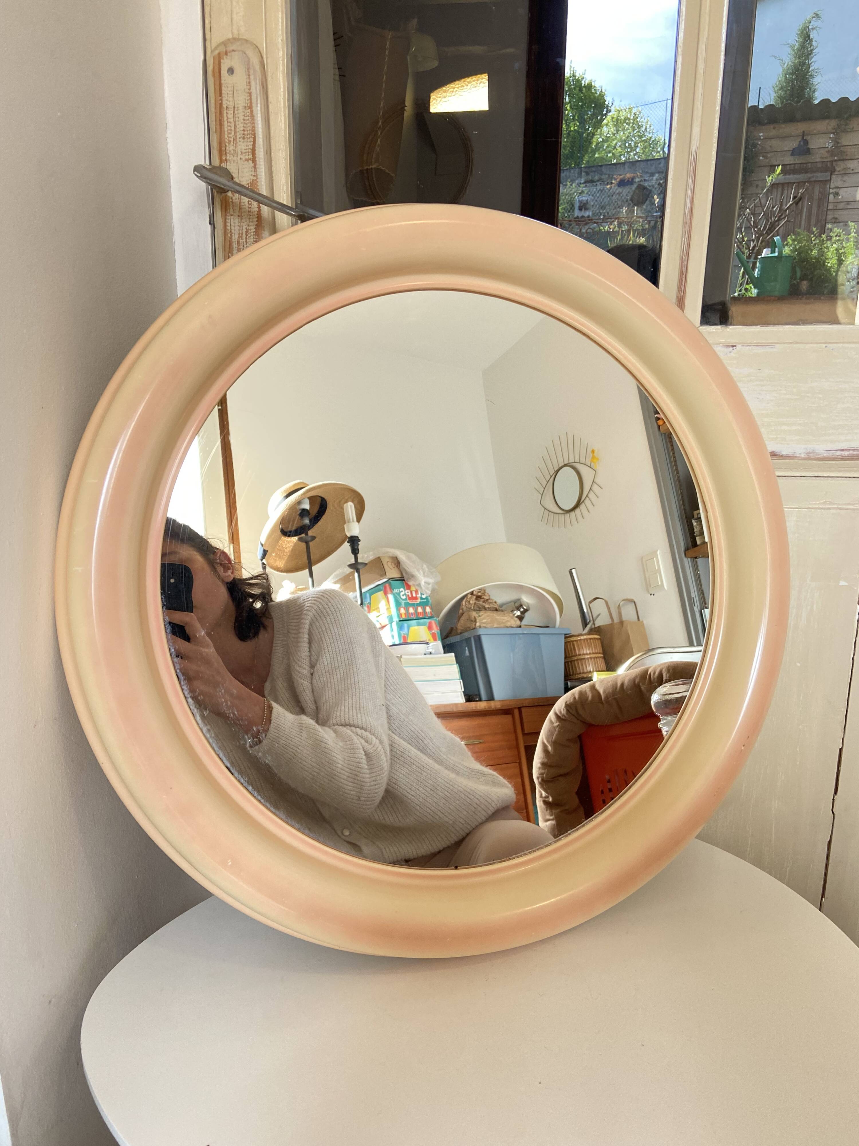 Round Beige and Coral Plastic Wall Mirror from the 70s-80s