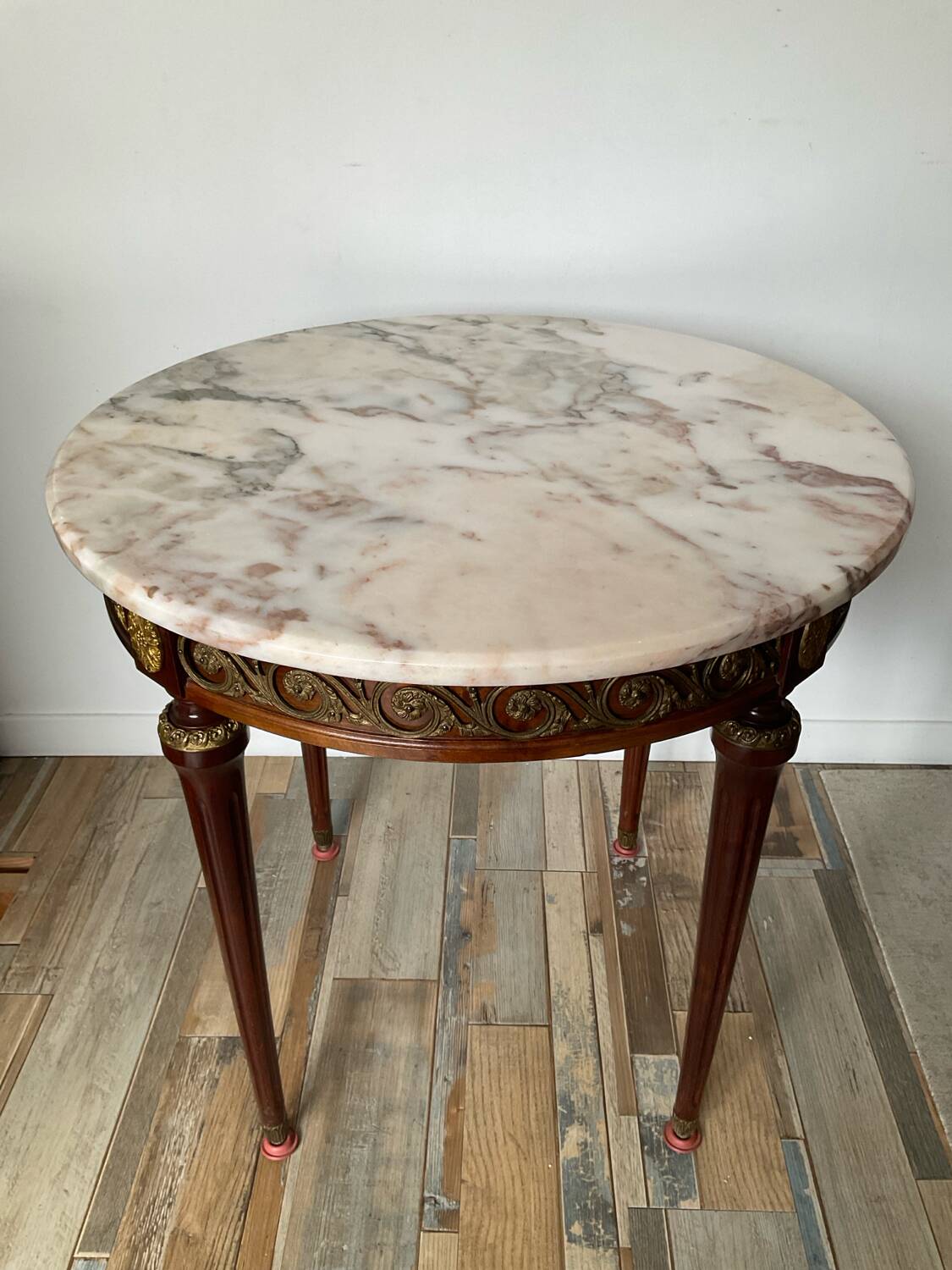 Louis XVI style side table in wood, marble and brass