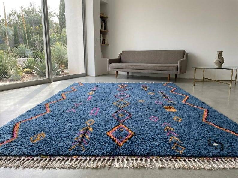 Tapis Handmade Marocain bleu décoré 200cmx300cm