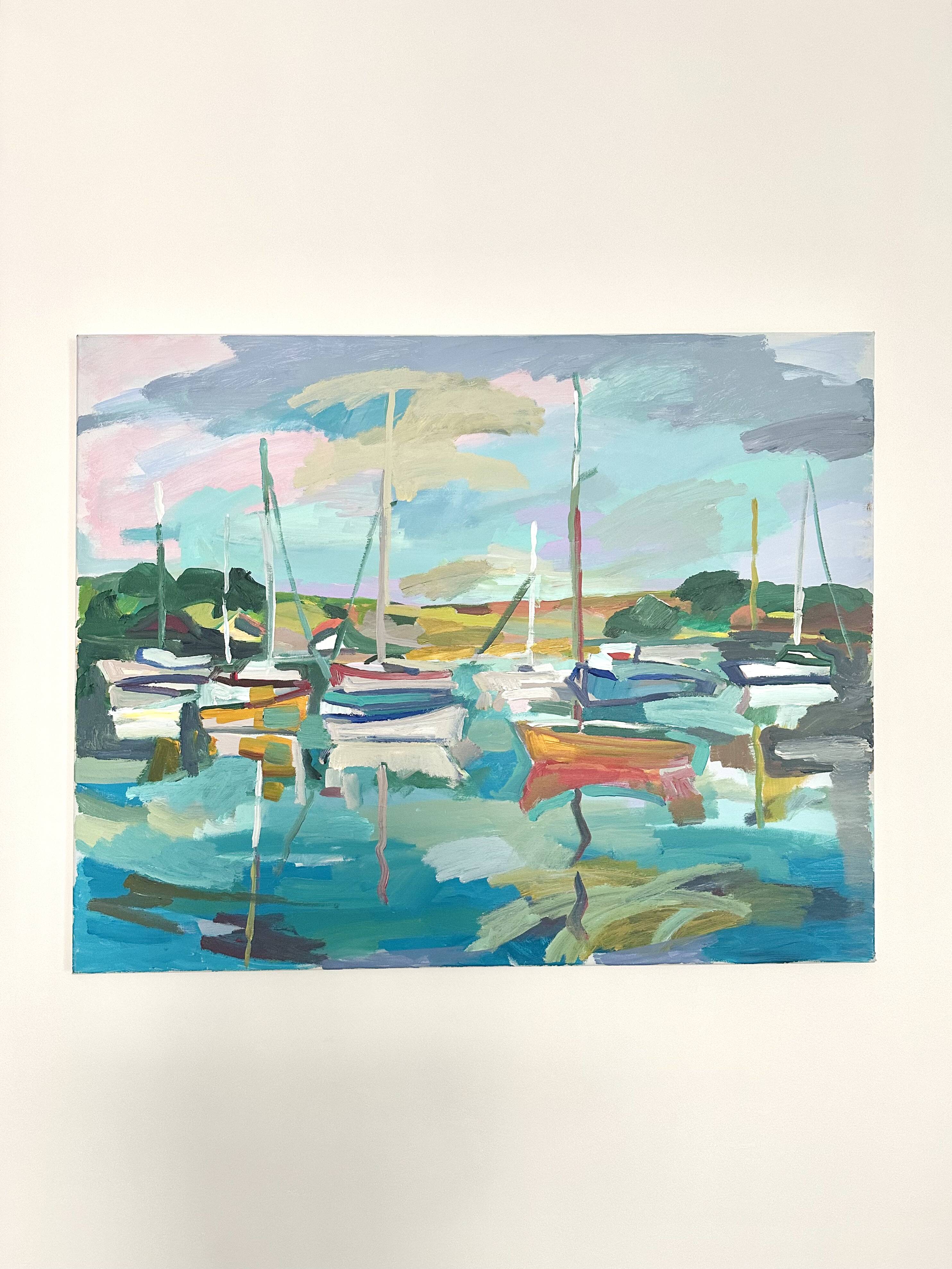 Oil on canvas port with sailing boats