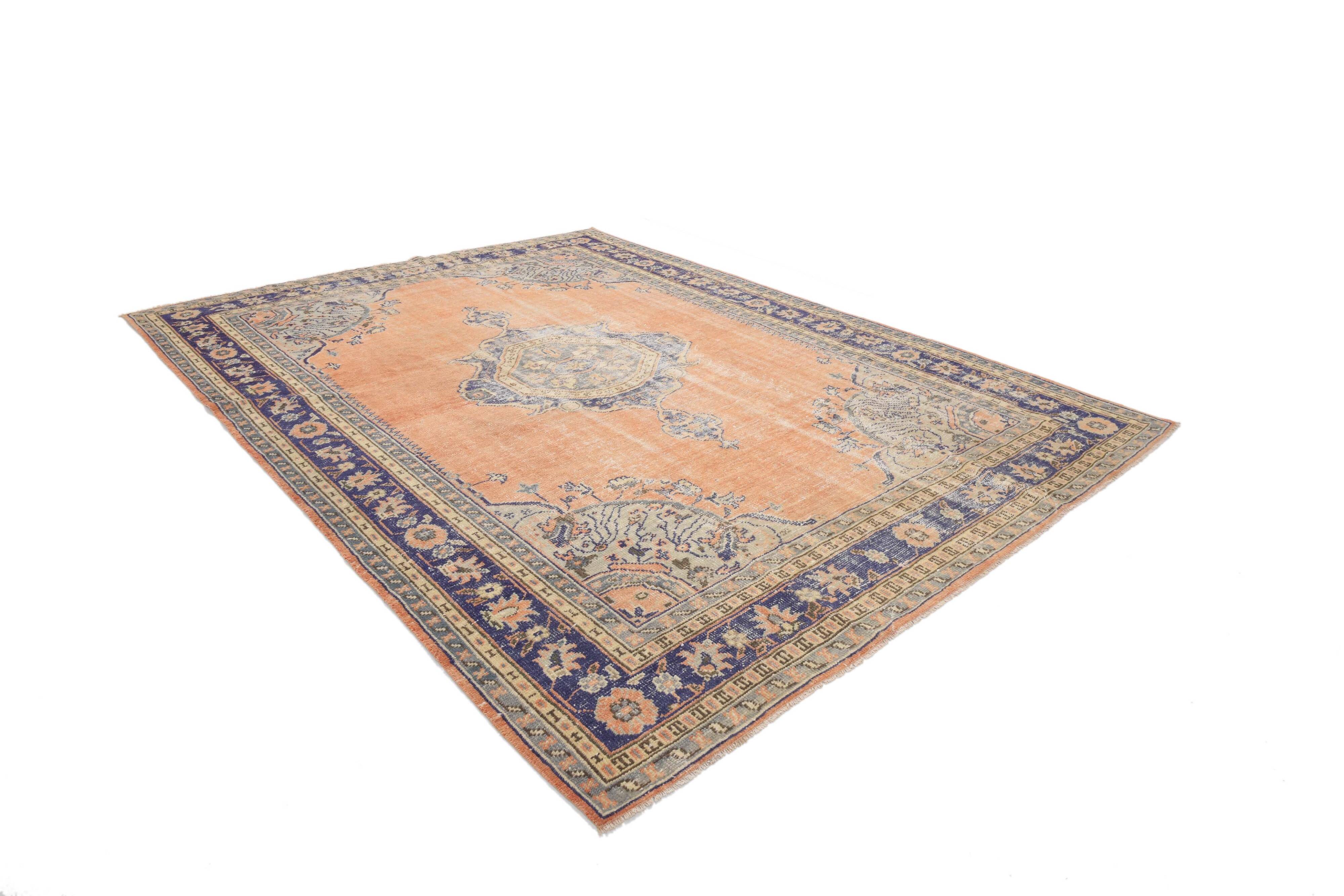 Orange & navy blue turkish vintage rug
