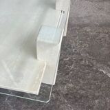 Table basse sculpturale travertin et verre, vintage 1980s