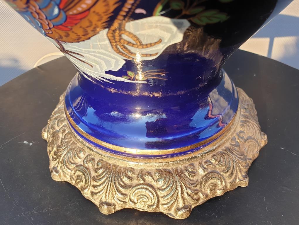 Ceramic lamp birds lyres on midnight blue background Napoleon III