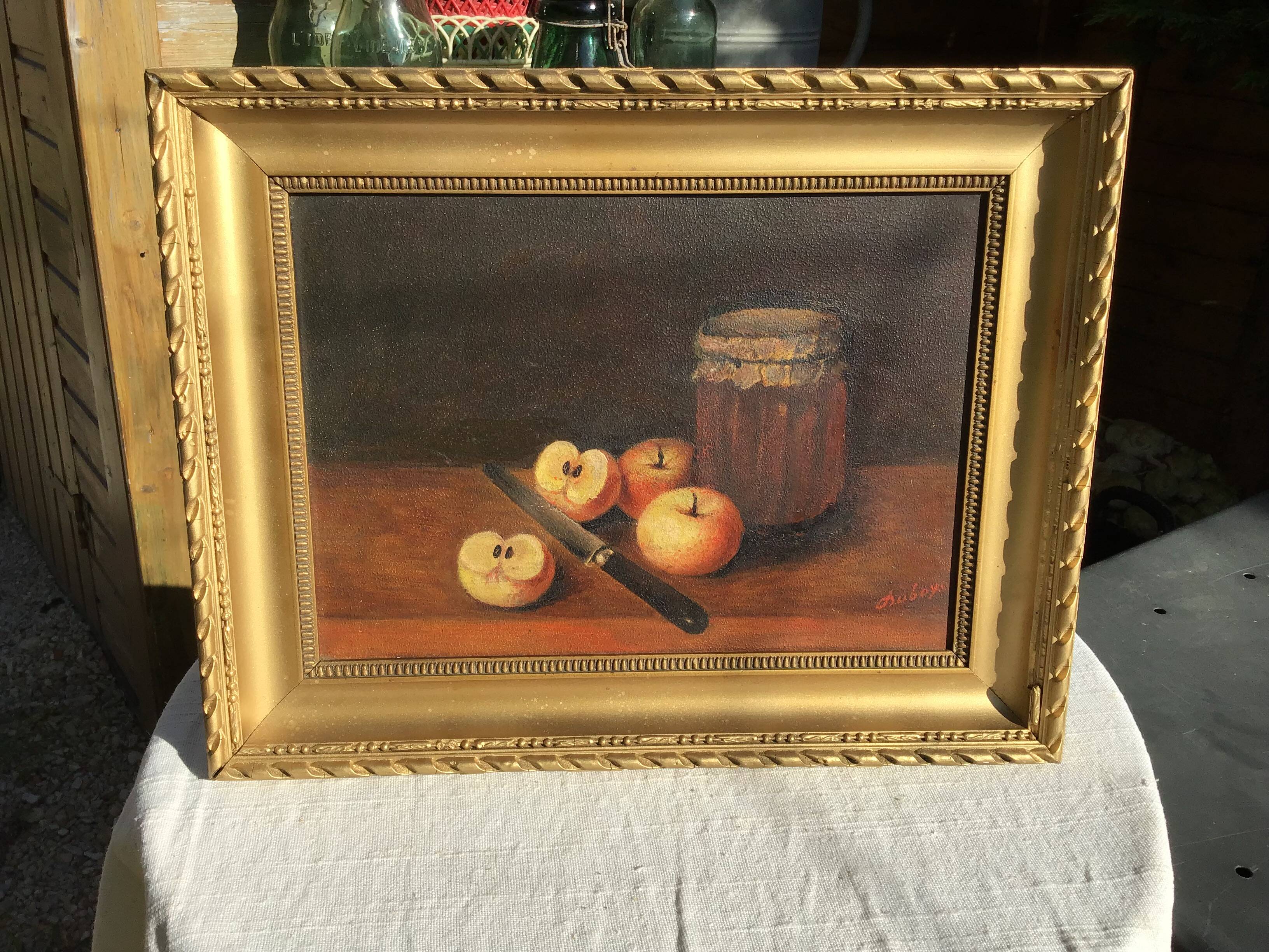 Painting on panel apples and the jar of jam