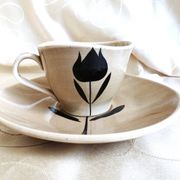 Vintage 23-piece Niderviller coffee set with hand-painted black tulip decor.