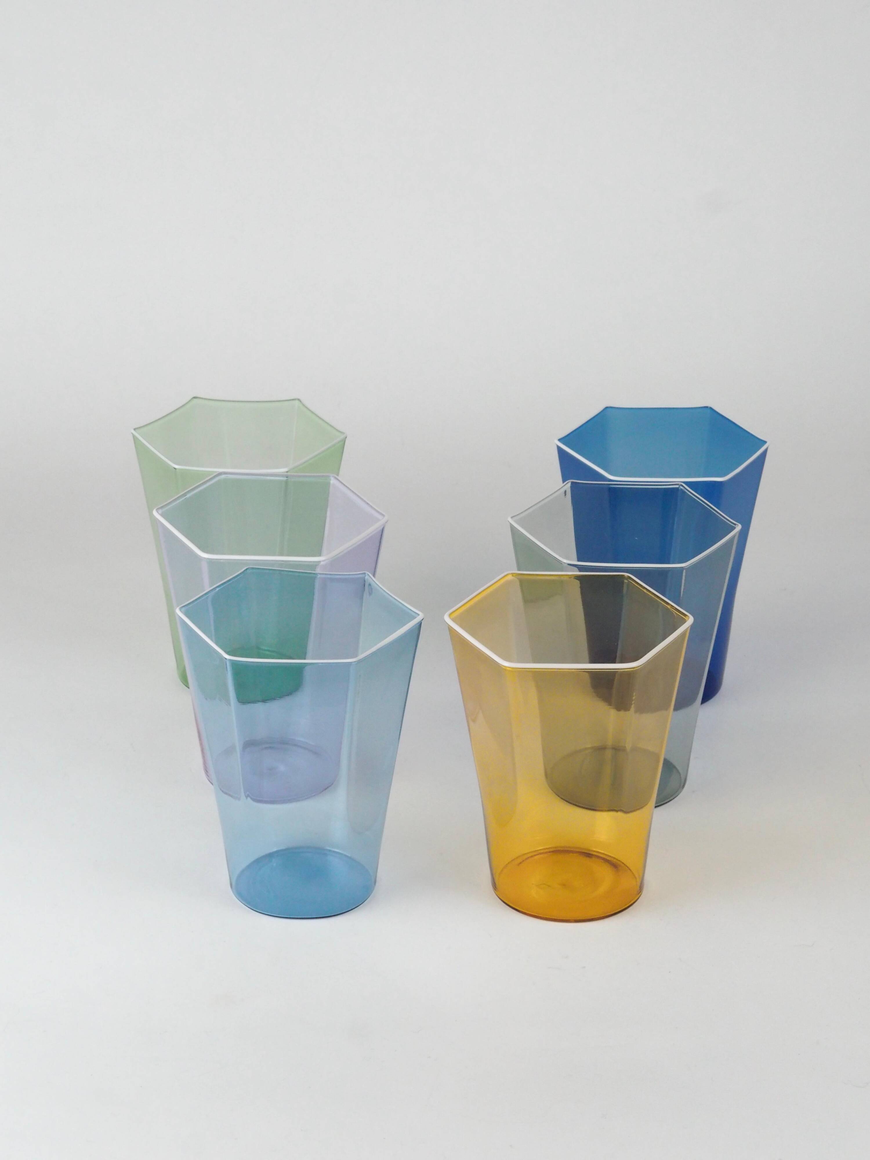 Set of six "Esagonali" glasses by Venini Murano, created by Carlo Scarpa.