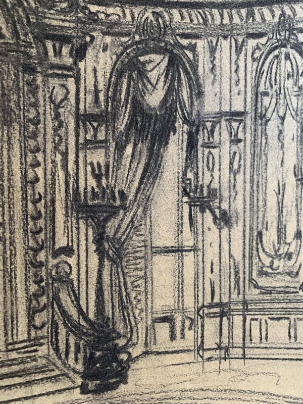 Salon parisien du 19e siècle, grand dessin original encadré