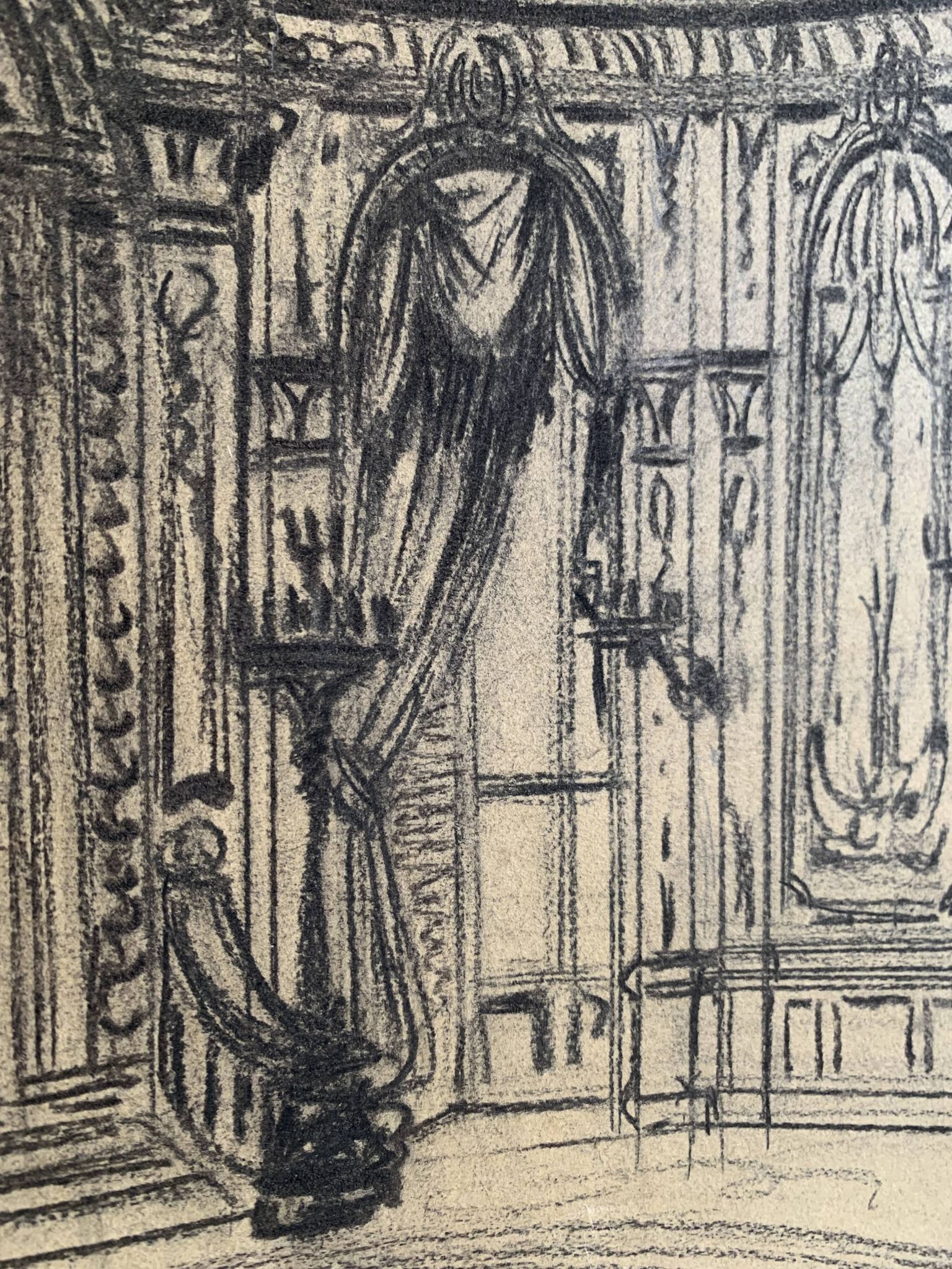 Salon parisien du 19e siècle, grand dessin original encadré