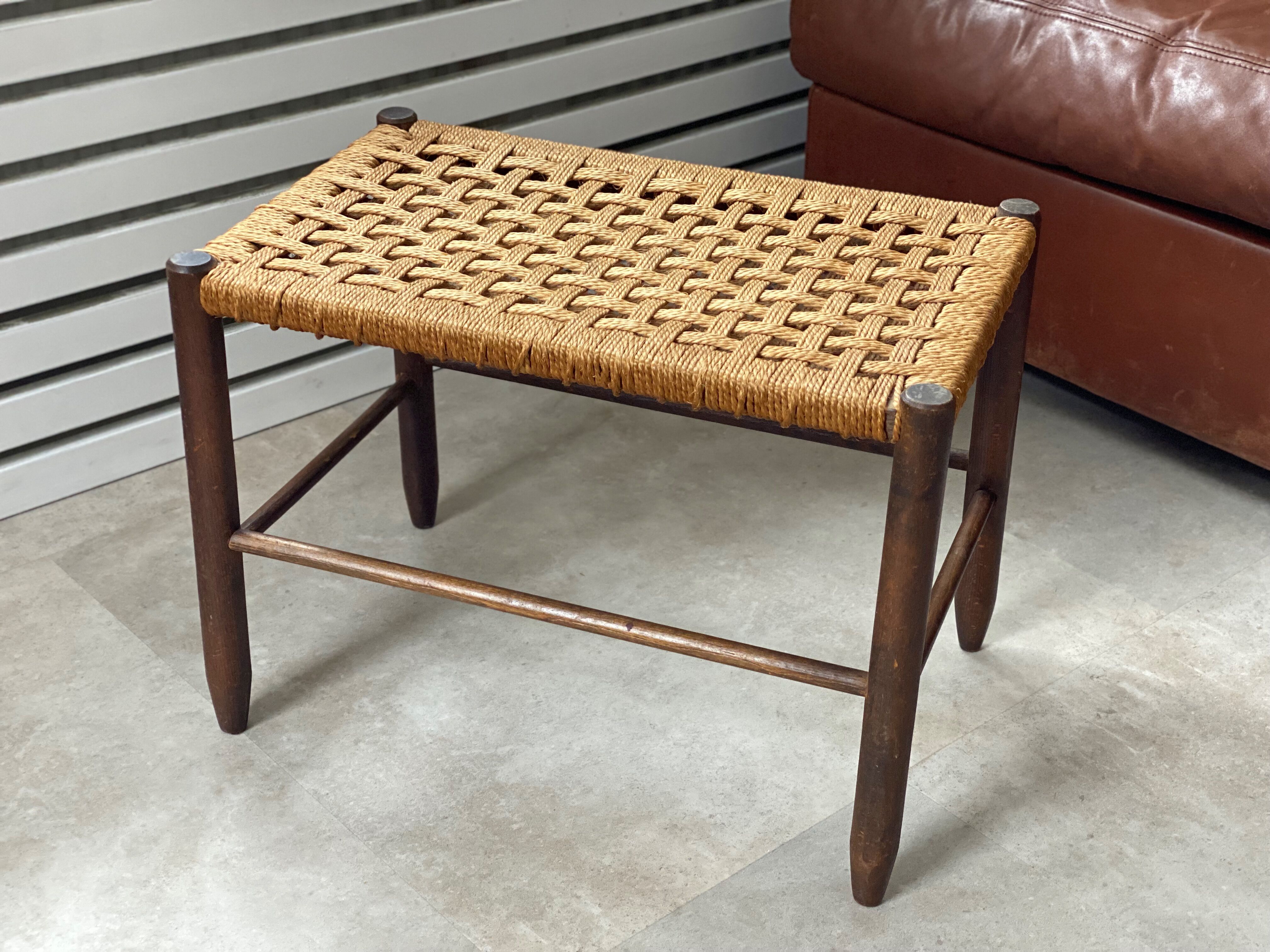 Mid Century wooden stool with a woven sisal seat