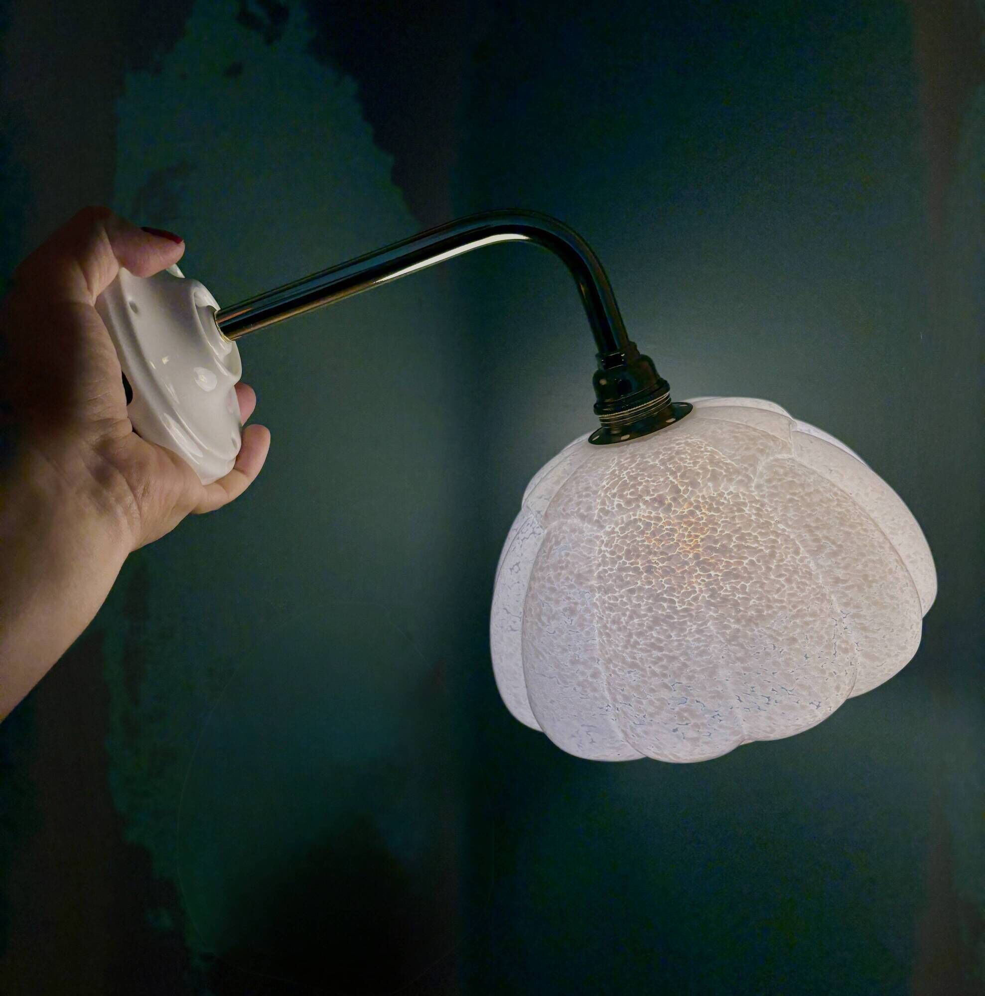 Vintage glass wall light with a curved arm from Clichy, white.