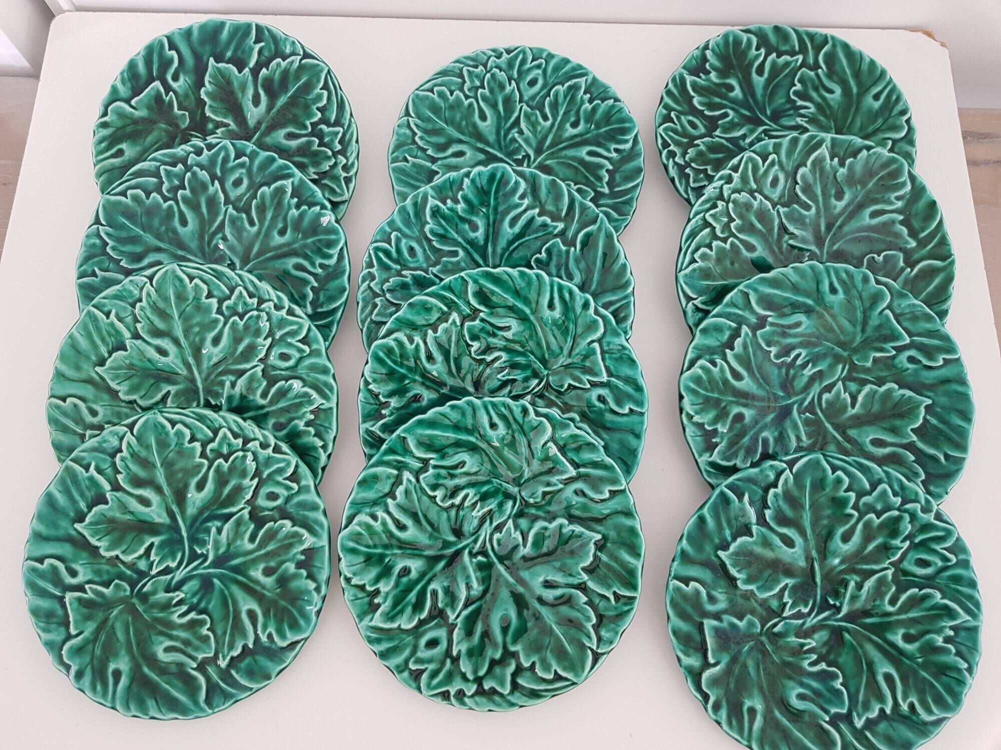 Set of 12 Green Majolica Leaf Plates Sarreguemines Digoin 1930