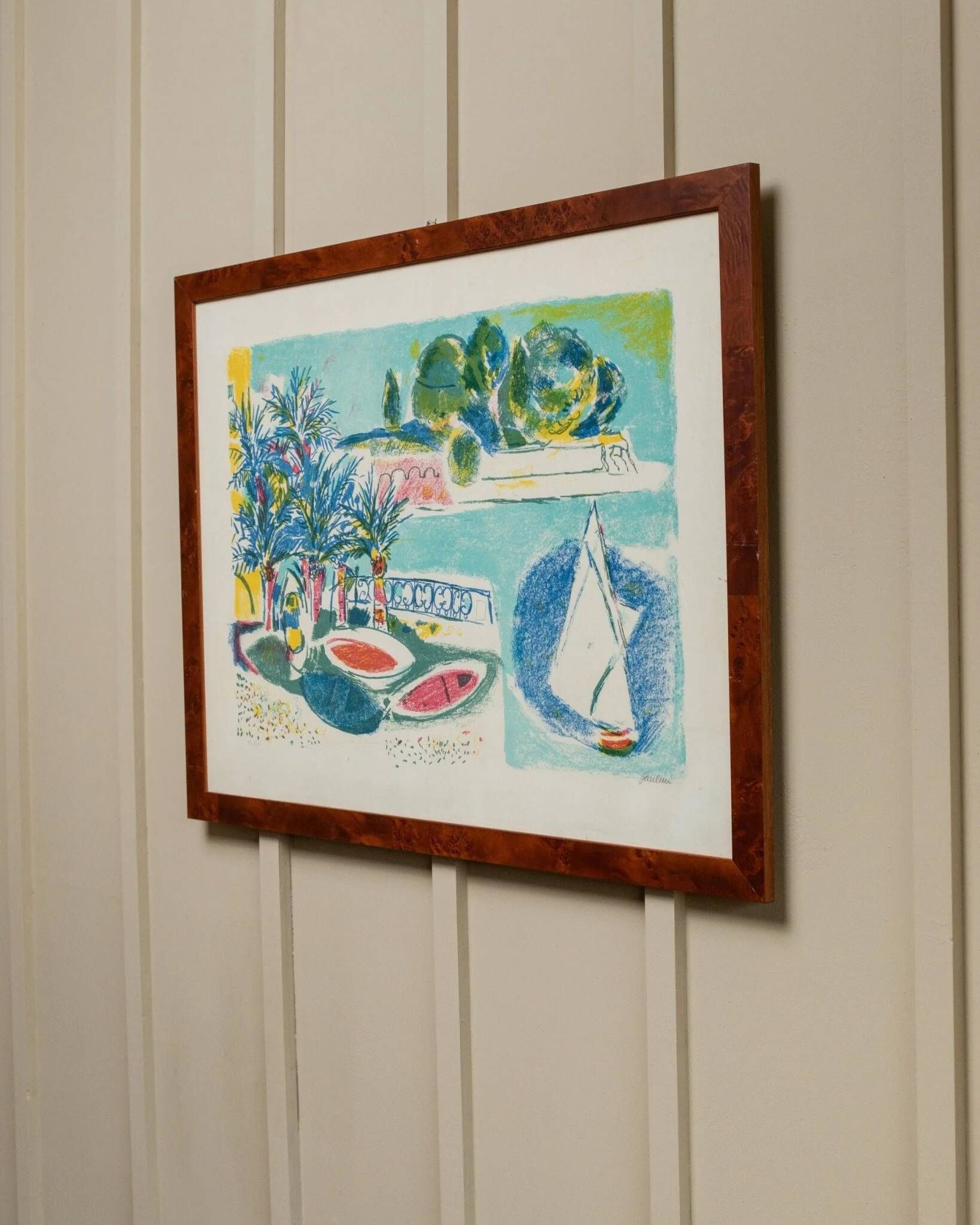 Vintage lithograph by Enrico Paolucci (1901-1999) – Beach motif – Colourful work, 70s style, wall art, unique decoration, gift idea.