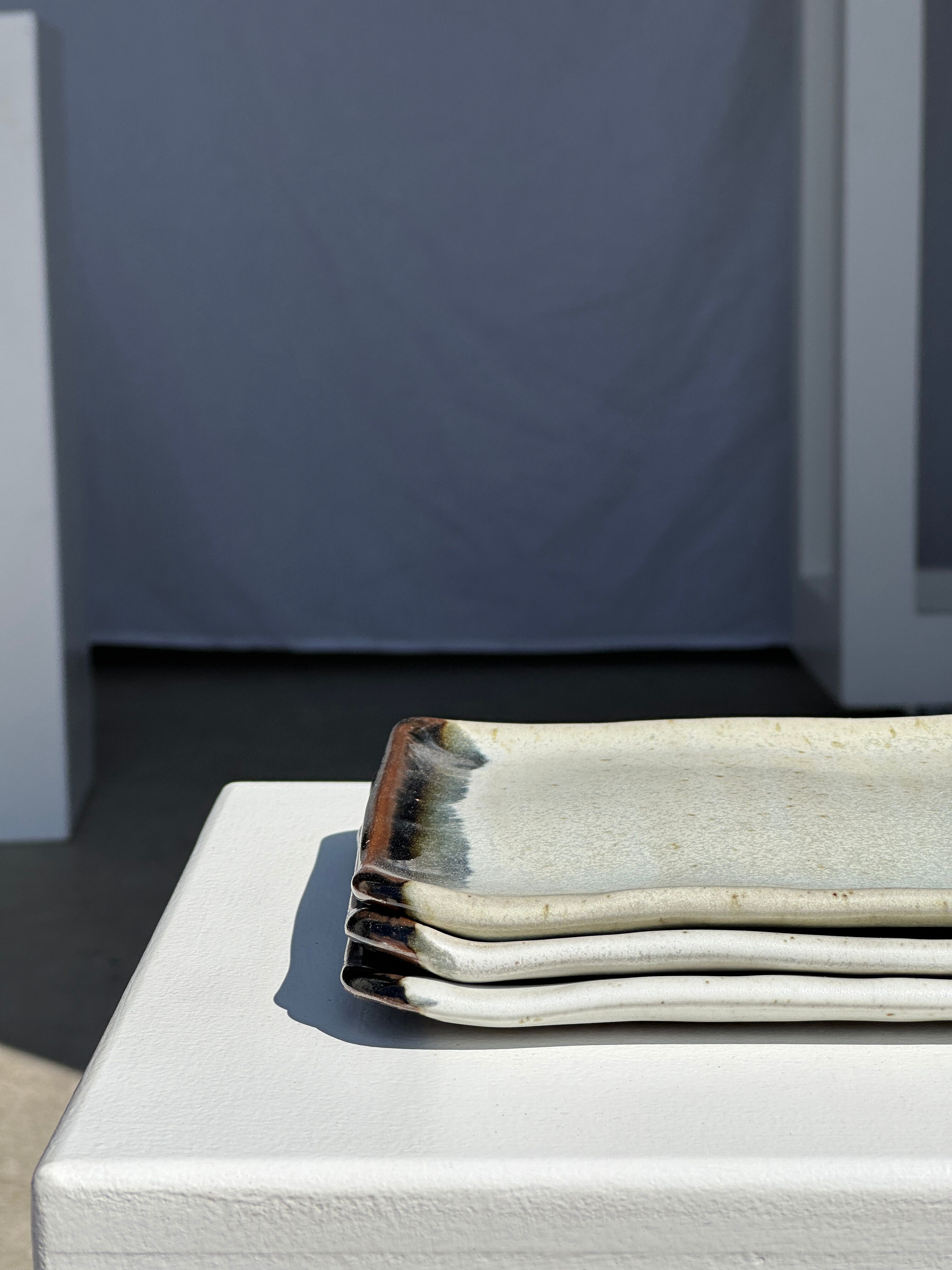 Trio of small rectangular serving dishes white and black Indonesian ceramic 21x16