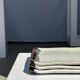 Trio of small rectangular serving dishes white and black Indonesian ceramic 21x16