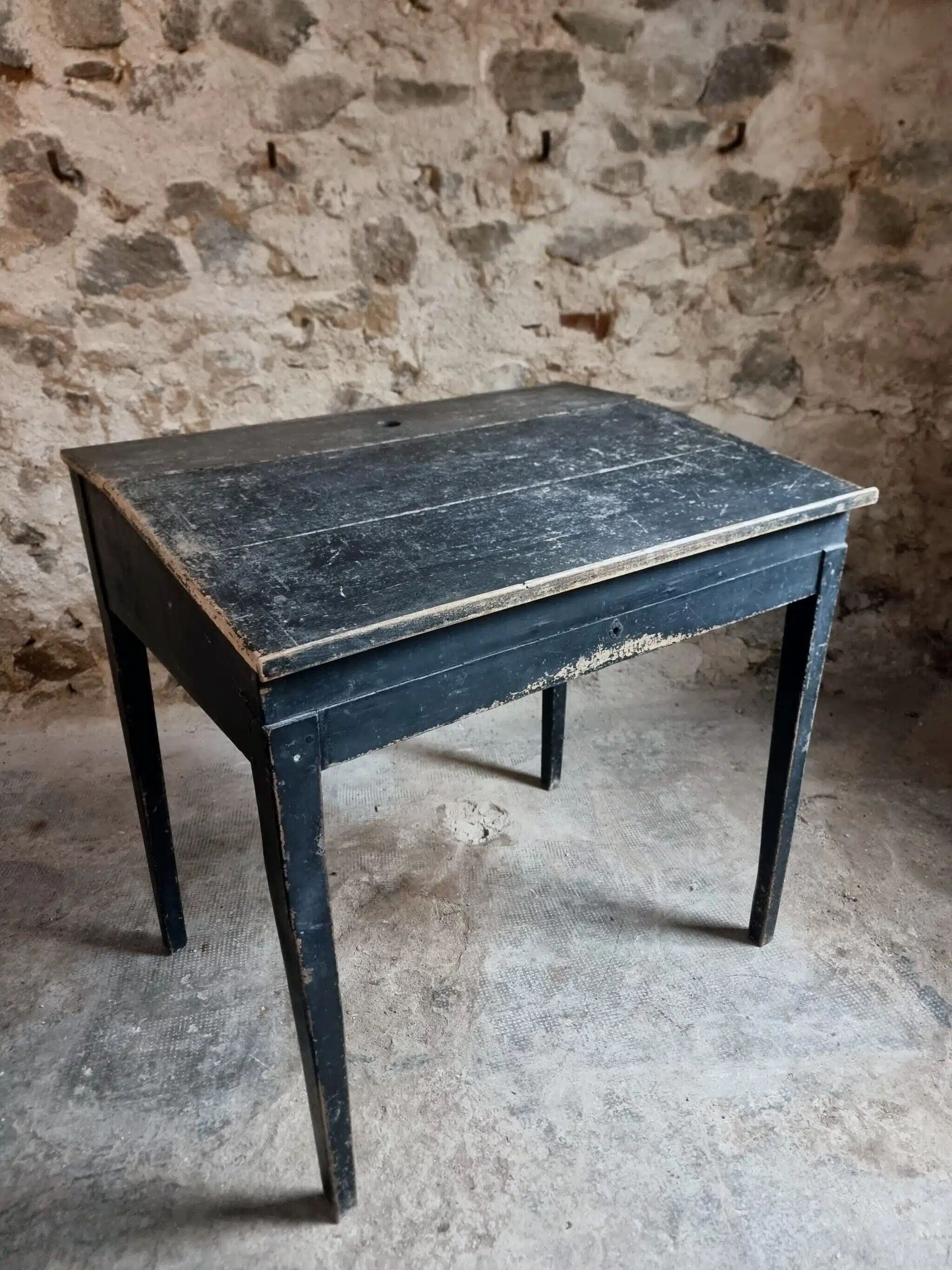 Bureau d'école français ancien, bureau d'écriture noir, bureau à abattant, vers 1900