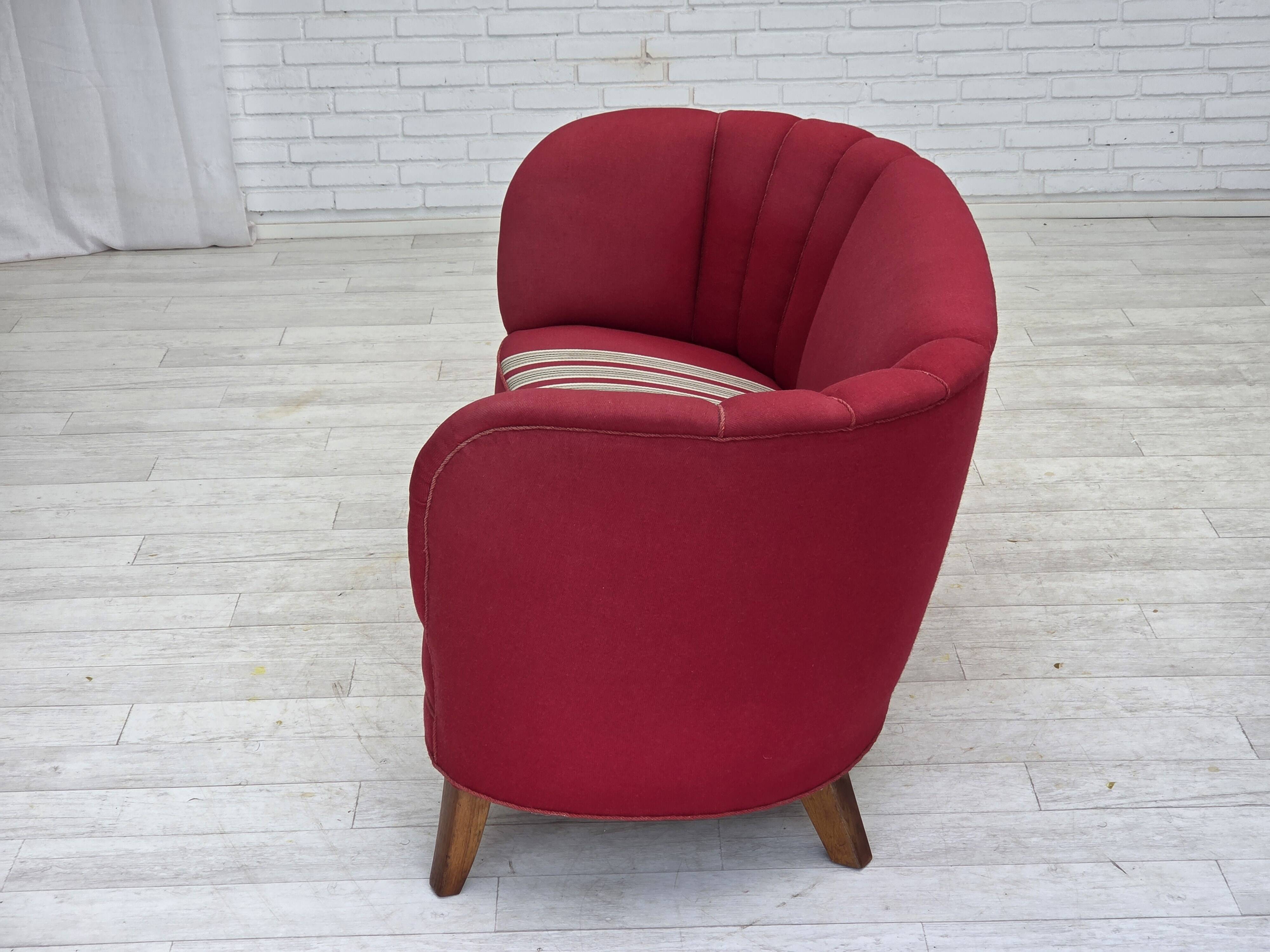 1960s, Danish 2-seater "Banana" sofa, furniture wool, oak wood legs.