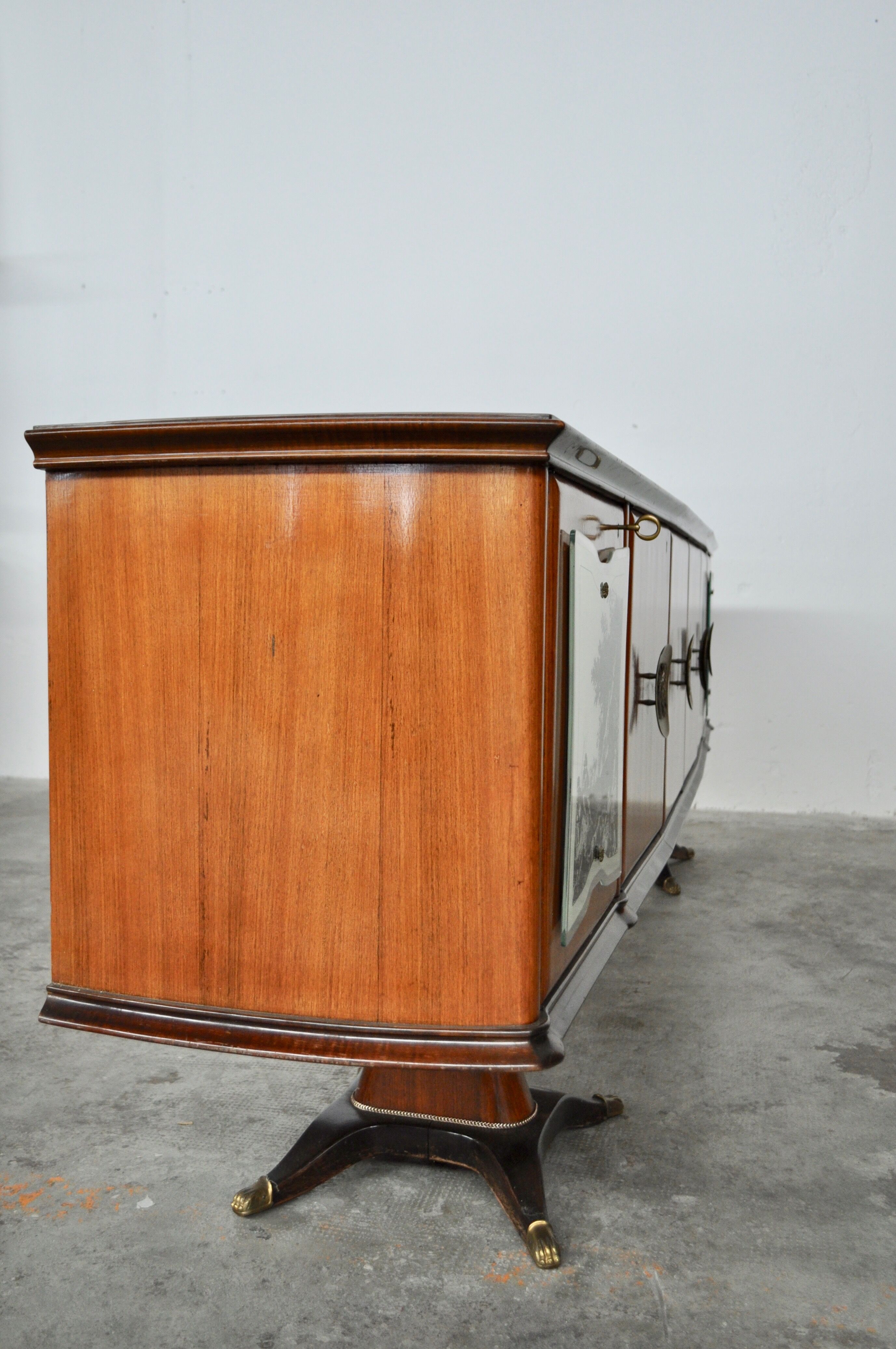 Mahogany, Pearwood, Brass & Marbled Back-Lacquered Glass Top Sideboard with Mirror from F.lli Rigamo
