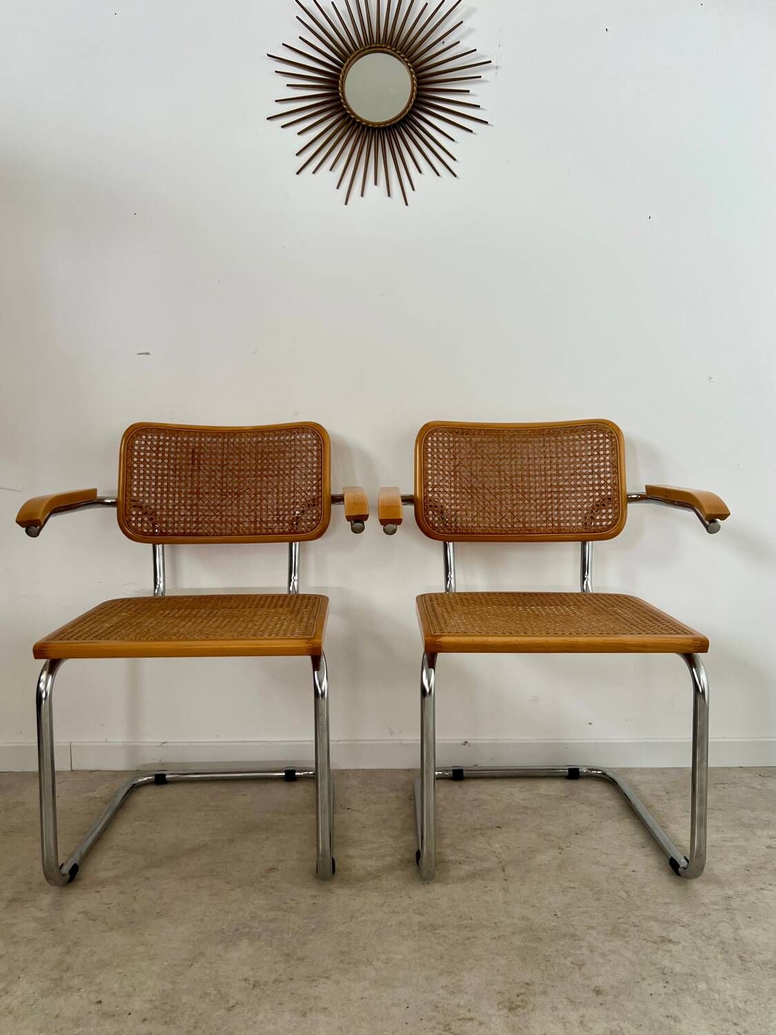 Lot 2 vintage Cesca B64 armchairs design Marcel Breuer 1970 Made in Italy light wood
