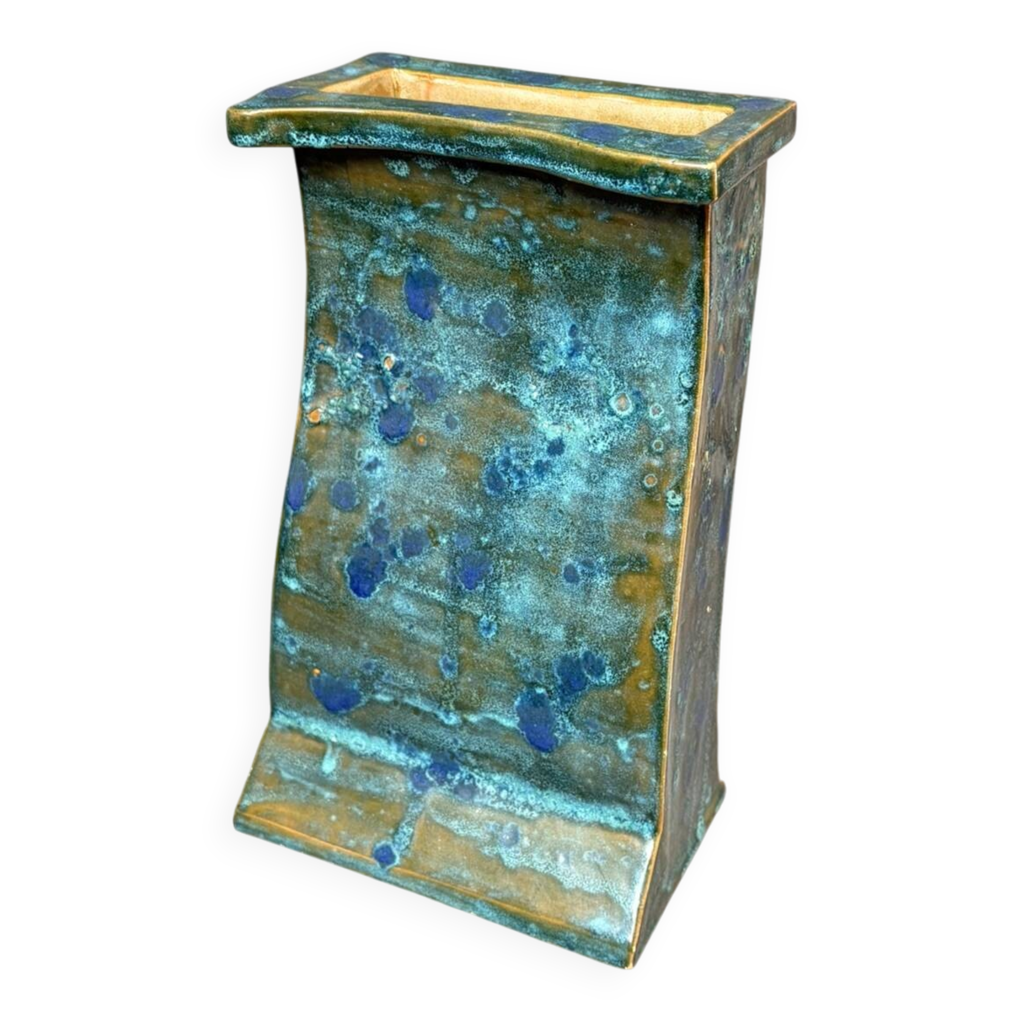 Vintage Modern Brutalist Blue Green Ceramic Vase Germany