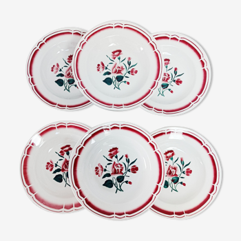 Lot de 6 assiettes creuses FB Fenal Badonviller, fleurs rouges