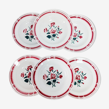 Set of 6 FB Fenal Badonviller soup plates, red flowers