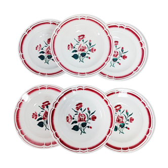 Set of 6 FB Fenal Badonviller soup plates, red flowers