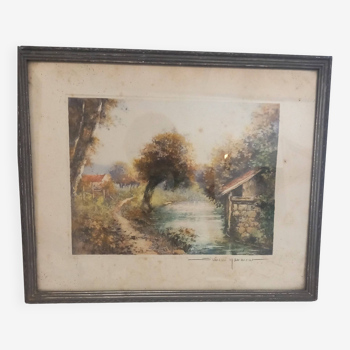 Color lithograph by Simone Haumont, signed and numbered, countryside landscape and river