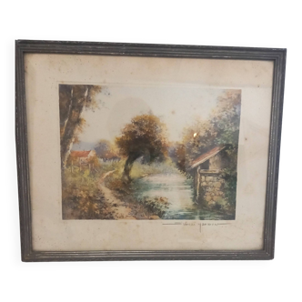 Color lithograph by Simone Haumont, signed and numbered, countryside landscape and river