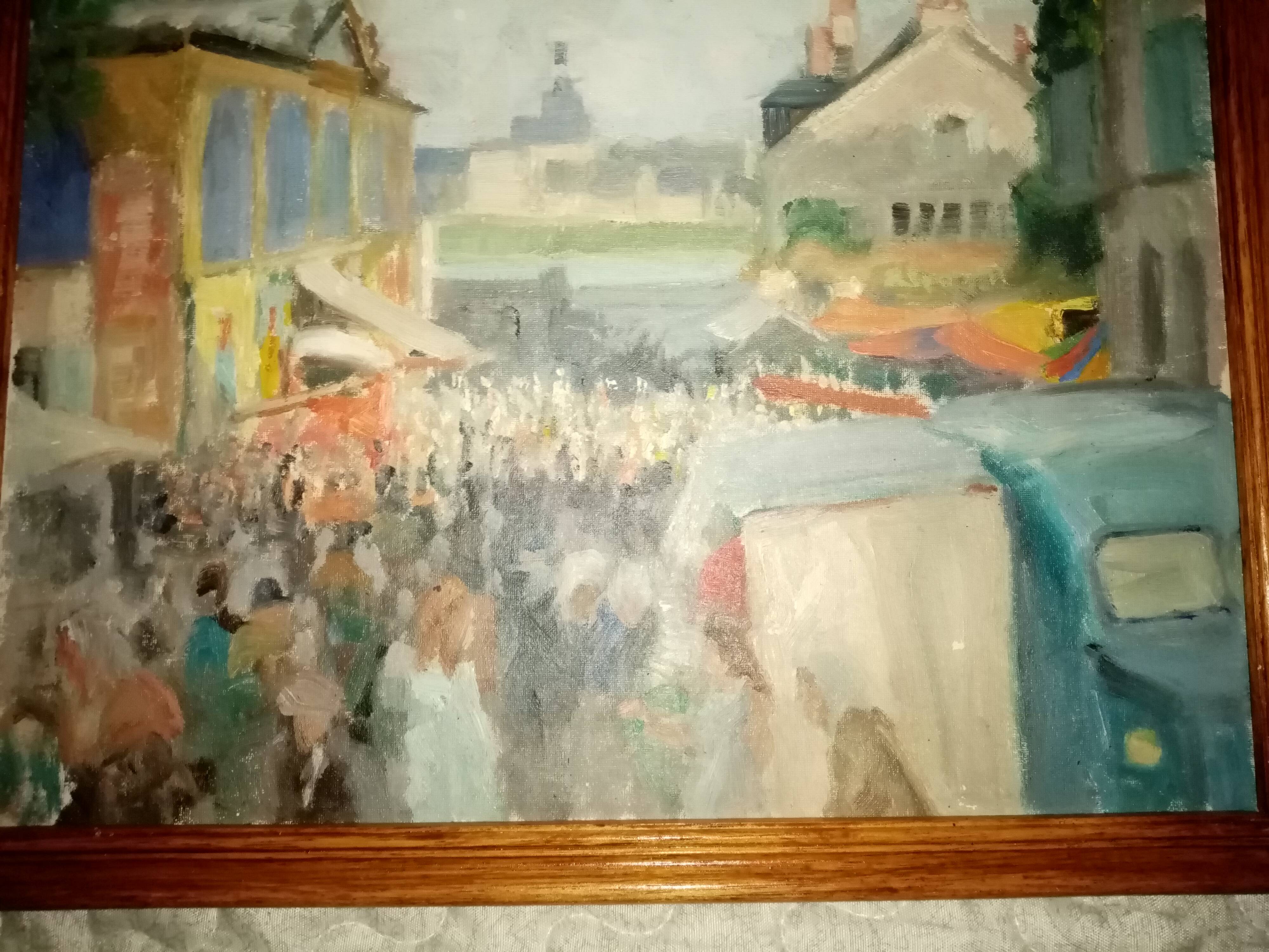 Impressionist painting oil on cardboard signed Pierre Villain walking scene