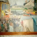 Impressionist painting oil on cardboard signed Pierre Villain walking scene