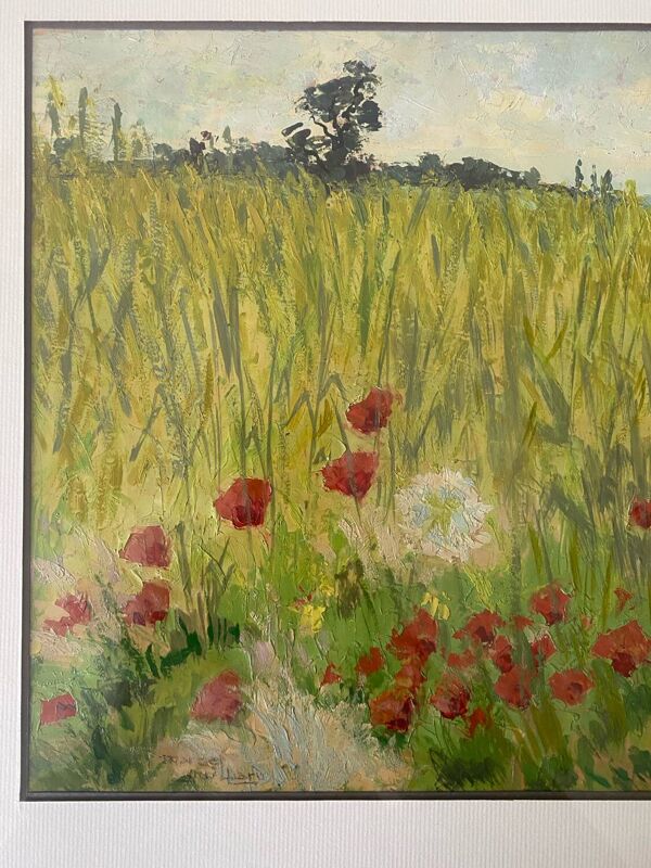 Tableau huile sur papier marcel juillard champs coquelicot cadre bois