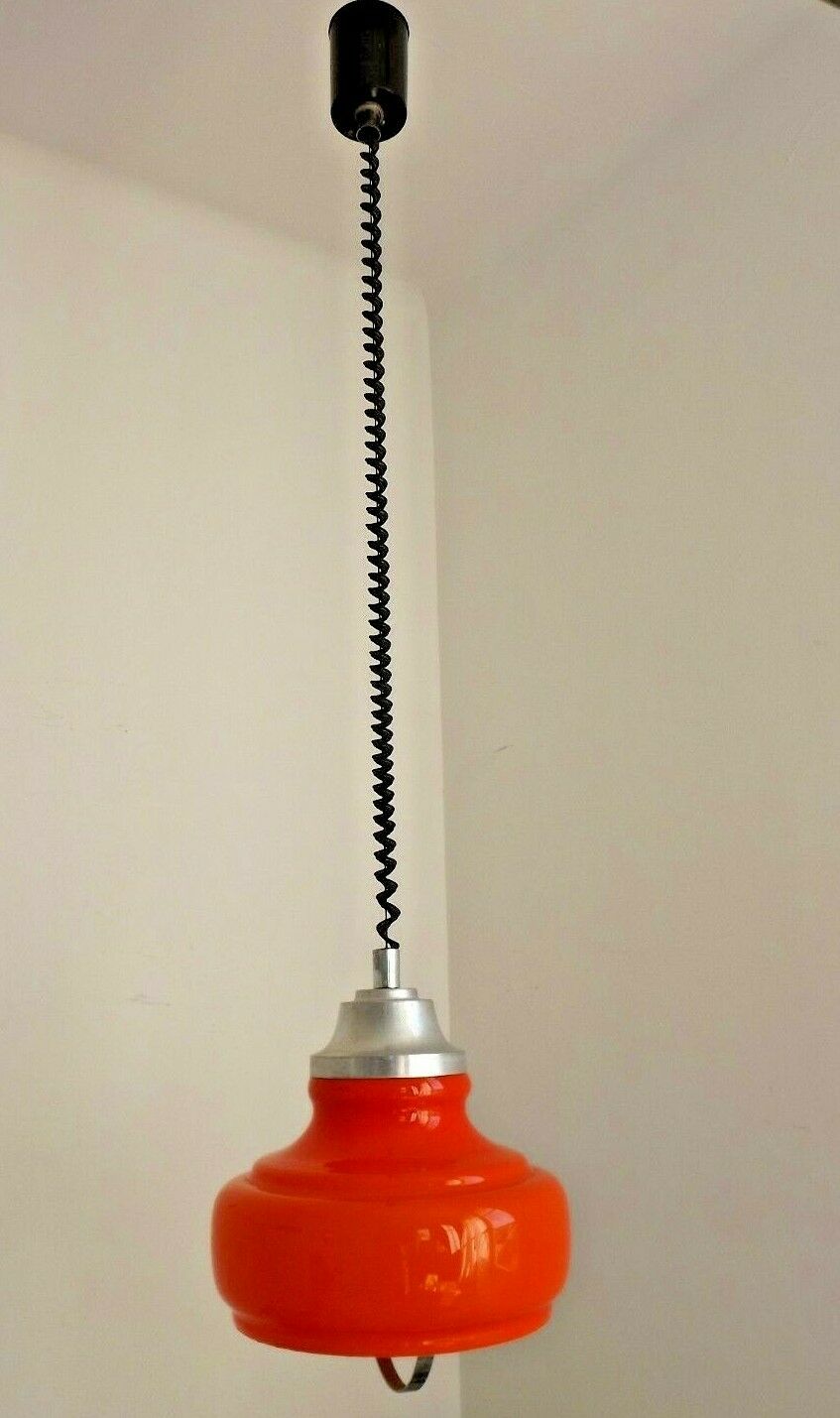 Vintage Italian 1970s Orange Glass Ceiling Light, ROLLY Rise & Fall System