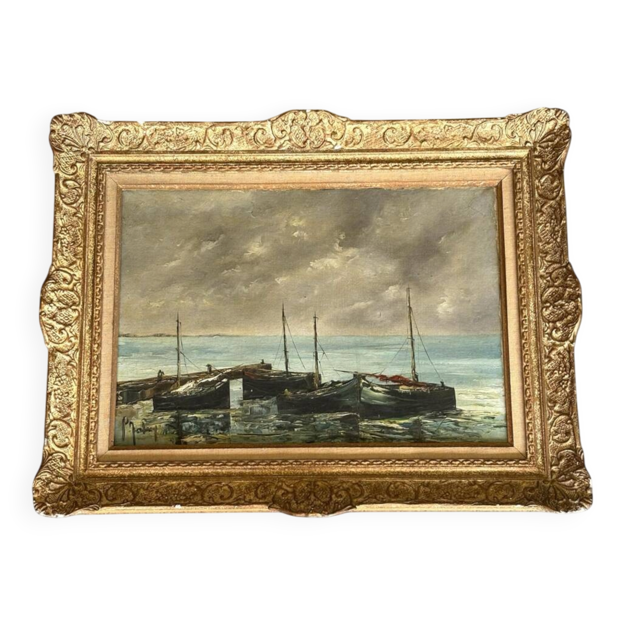 Oil on canvas - boats in the harbour, signed 1964