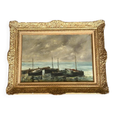 Oil on canvas - boats in the harbour, signed 1964