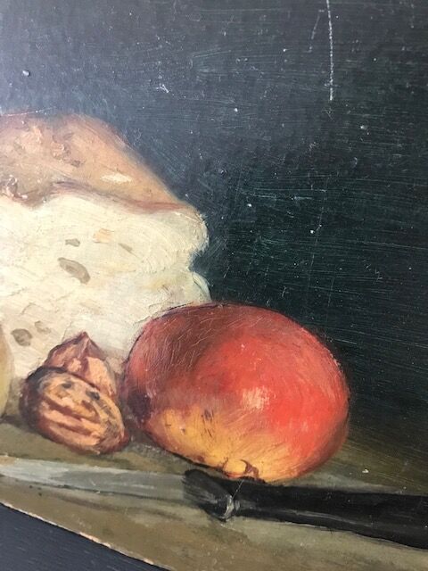 Natuere Morte (glass of wine, nuts, fruit, bread and knife)
