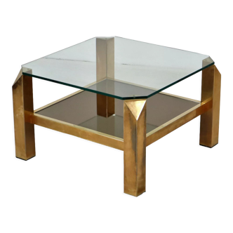 Table d’appoint 23 carats plaqué or Belgochrom verre seventies 60cm