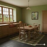 Impressionist oil painting of a still life with a view of the kitchen.