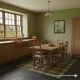 Impressionist oil painting of a still life with a view of the kitchen.