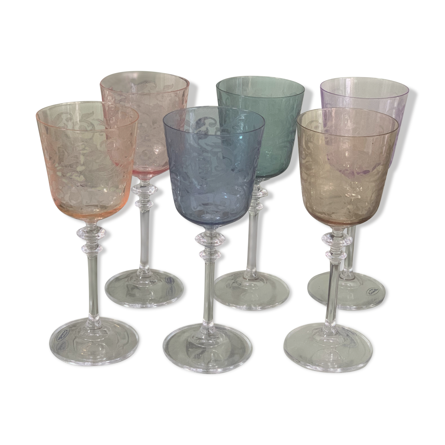 6 colored wine glasses, engraved crystalline