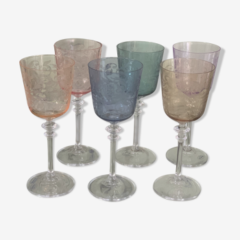 6 colored wine glasses, engraved crystalline